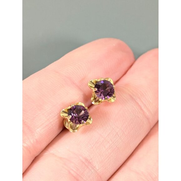 Vintage Purple Rhinestone Faux Amethyst Gold Tone Earrings Birhtstone - Picture 5 of 7